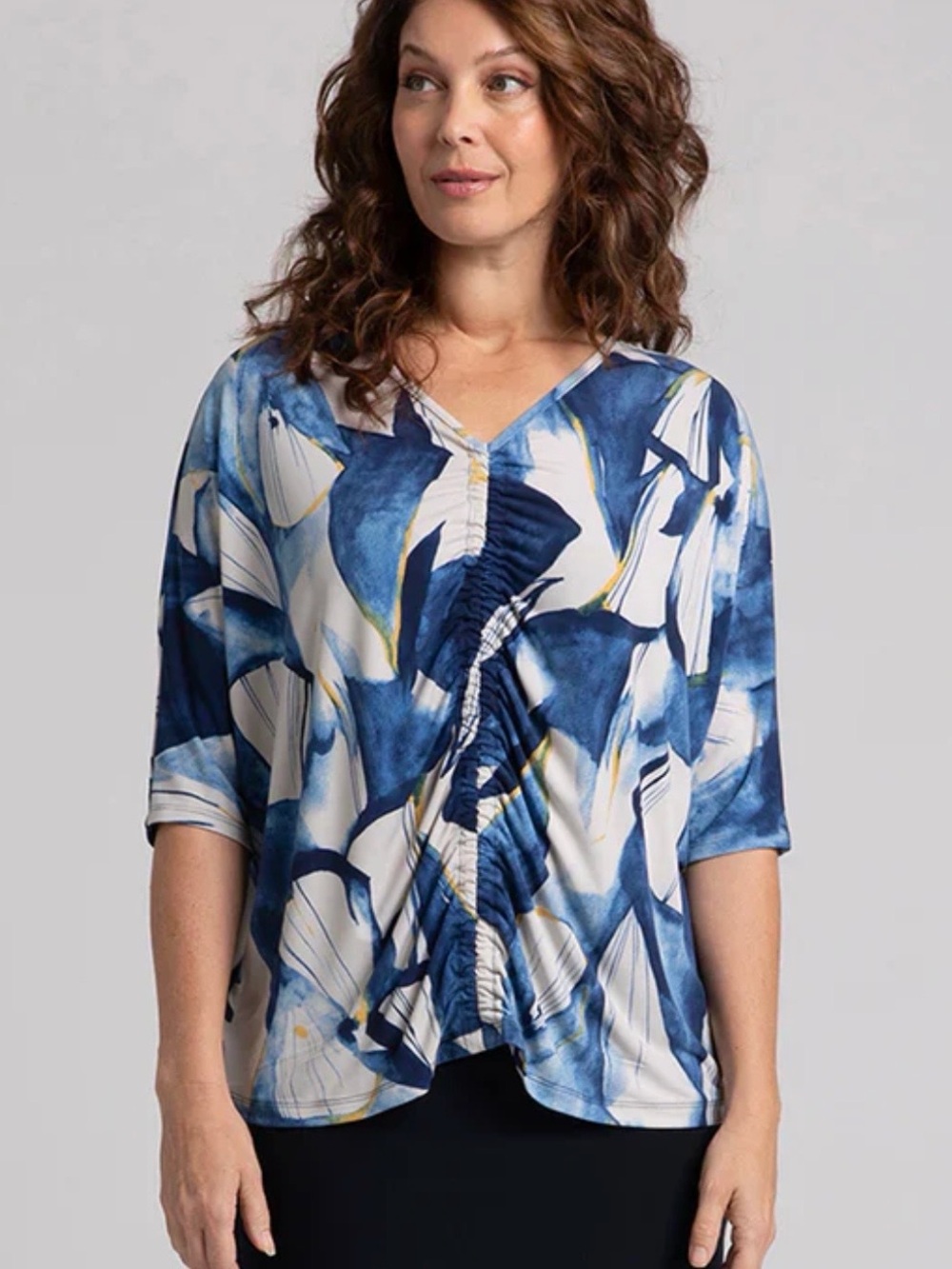 Sympli Blue Abstract V-Neck Ruffle Front Top